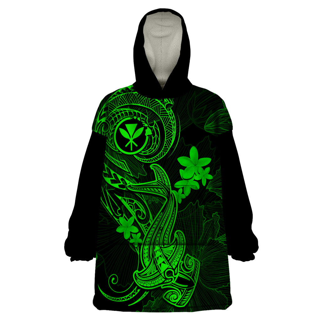 Hawaii Wearable Blanket Hoodie Hammerhead Shark Tattoo Mix Polynesian Plumeria Green Version LT14 One Size Green - Polynesian Pride