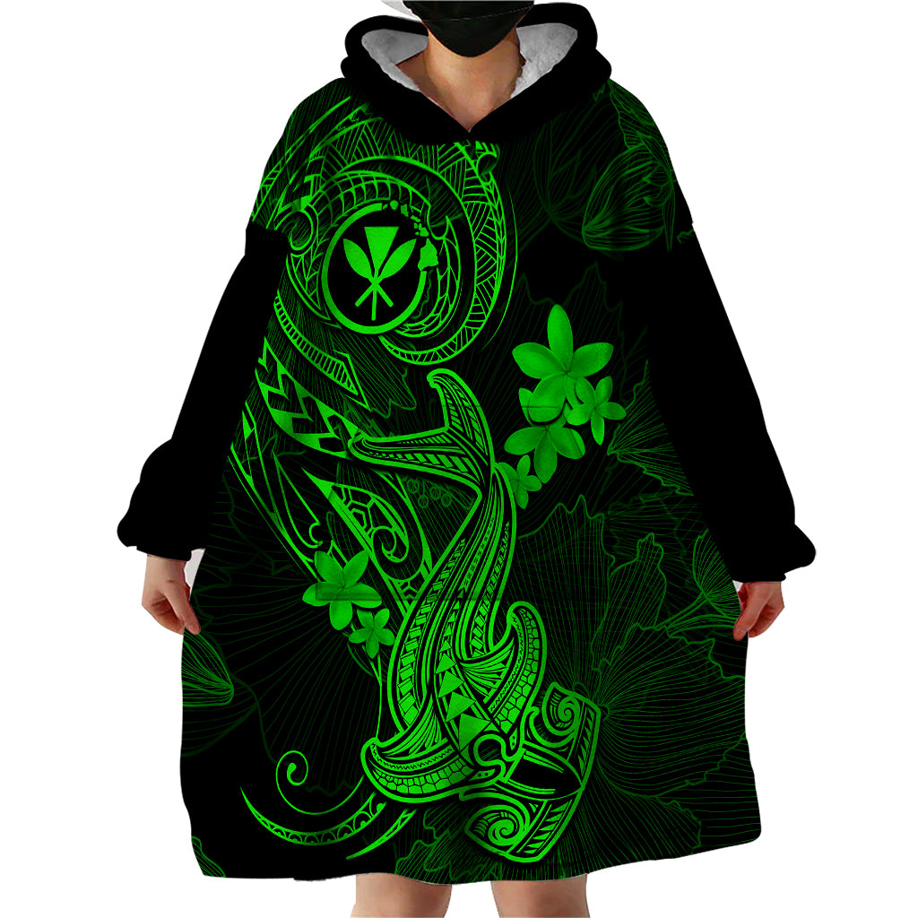 Hawaii Wearable Blanket Hoodie Hammerhead Shark Tattoo Mix Polynesian Plumeria Green Version LT14 - Polynesian Pride