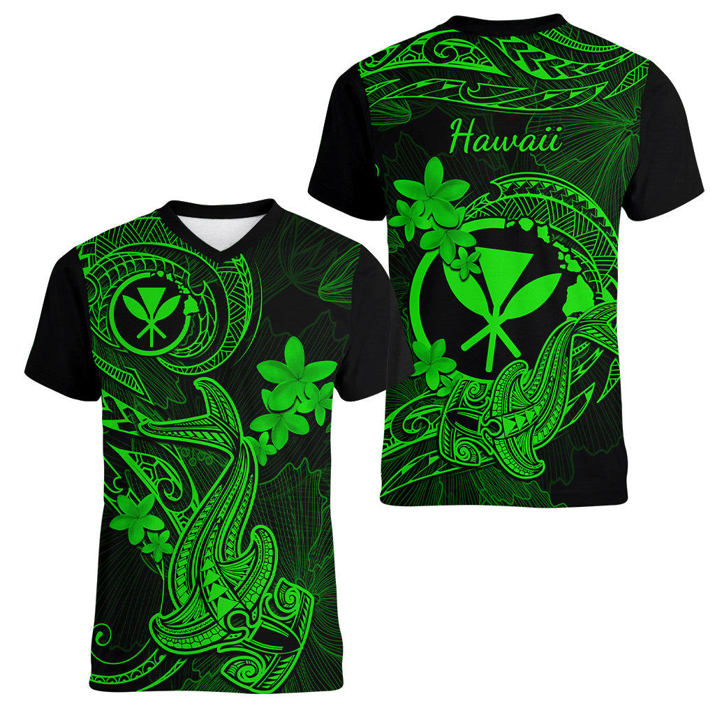hawaii-women-v-neck-t-shirt-hammerhead-shark-tattoo-mix-polynesian-plumeria-green-version