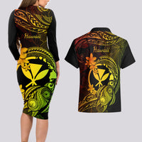 Hawaii Couples Matching Long Sleeve Bodycon Dress and Hawaiian Shirt Turtle Mix Polynesian Plumeria Reggae Version LT14 - Polynesian Pride