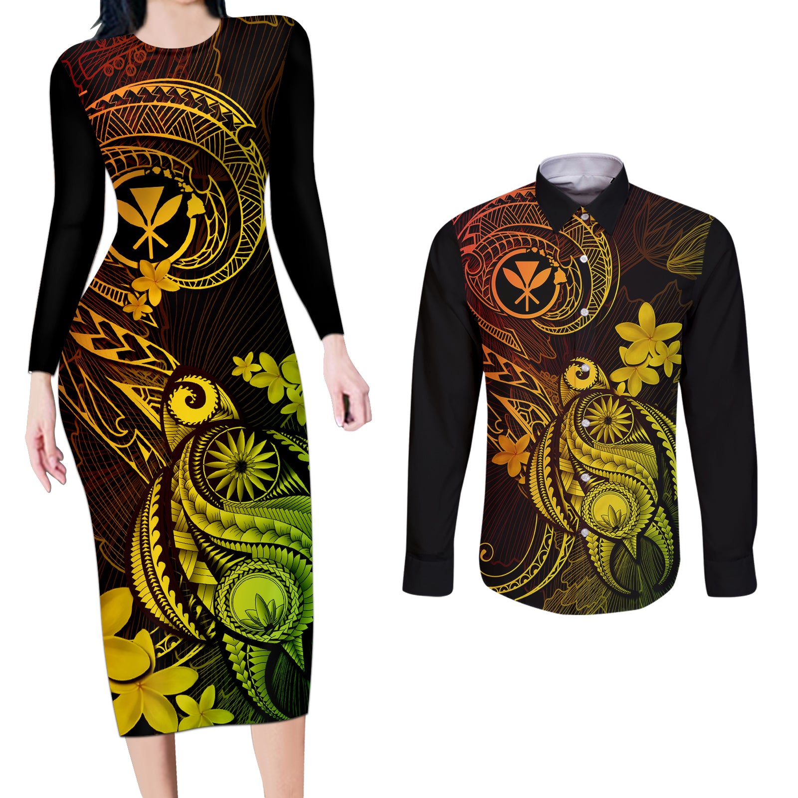 Hawaii Couples Matching Long Sleeve Bodycon Dress and Long Sleeve Button Shirts Turtle Mix Polynesian Plumeria Reggae Version LT14 Reggae - Polynesian Pride