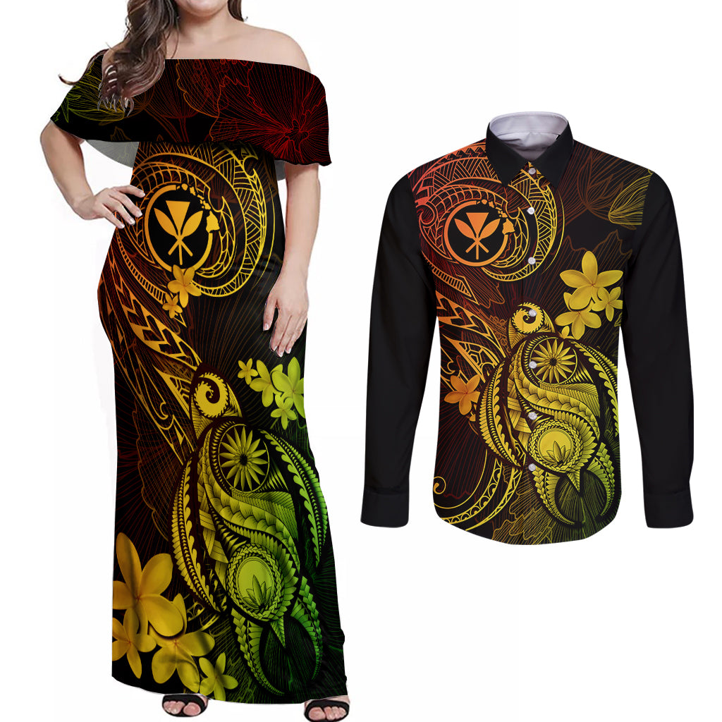 Hawaii Couples Matching Off Shoulder Maxi Dress and Long Sleeve Button Shirts Turtle Mix Polynesian Plumeria Reggae Version LT14 Reggae - Polynesian Pride