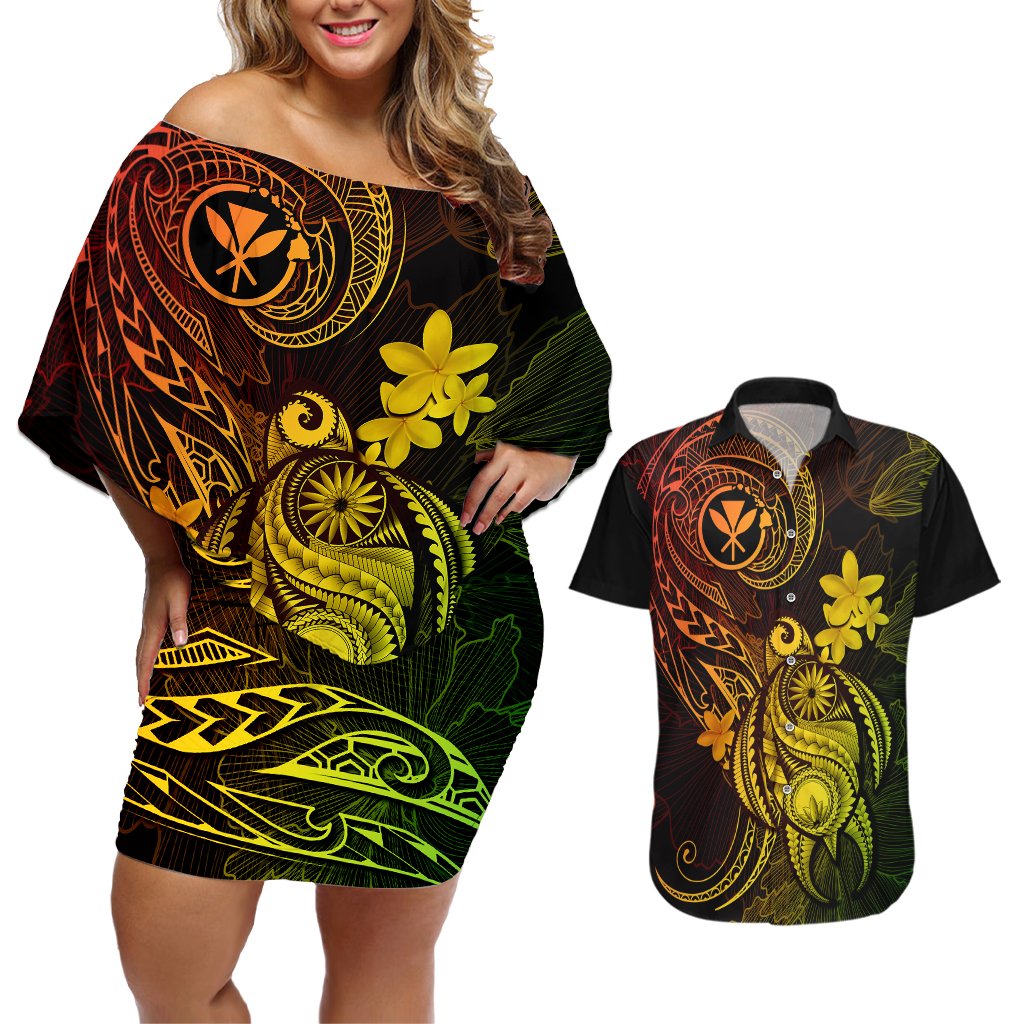 Hawaii Couples Matching Off Shoulder Short Dress and Hawaiian Shirt Turtle Mix Polynesian Plumeria Reggae Version LT14 Reggae - Polynesian Pride