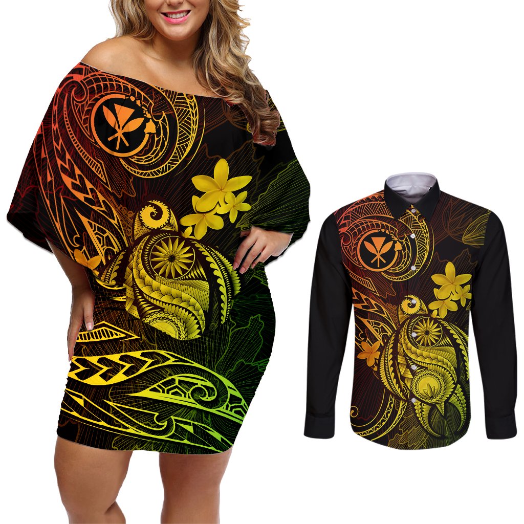 Hawaii Couples Matching Off Shoulder Short Dress and Long Sleeve Button Shirts Turtle Mix Polynesian Plumeria Reggae Version LT14 Reggae - Polynesian Pride
