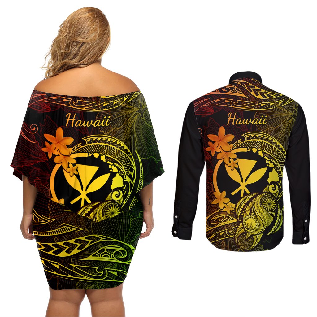 Hawaii Couples Matching Off Shoulder Short Dress and Long Sleeve Button Shirts Turtle Mix Polynesian Plumeria Reggae Version LT14 - Polynesian Pride