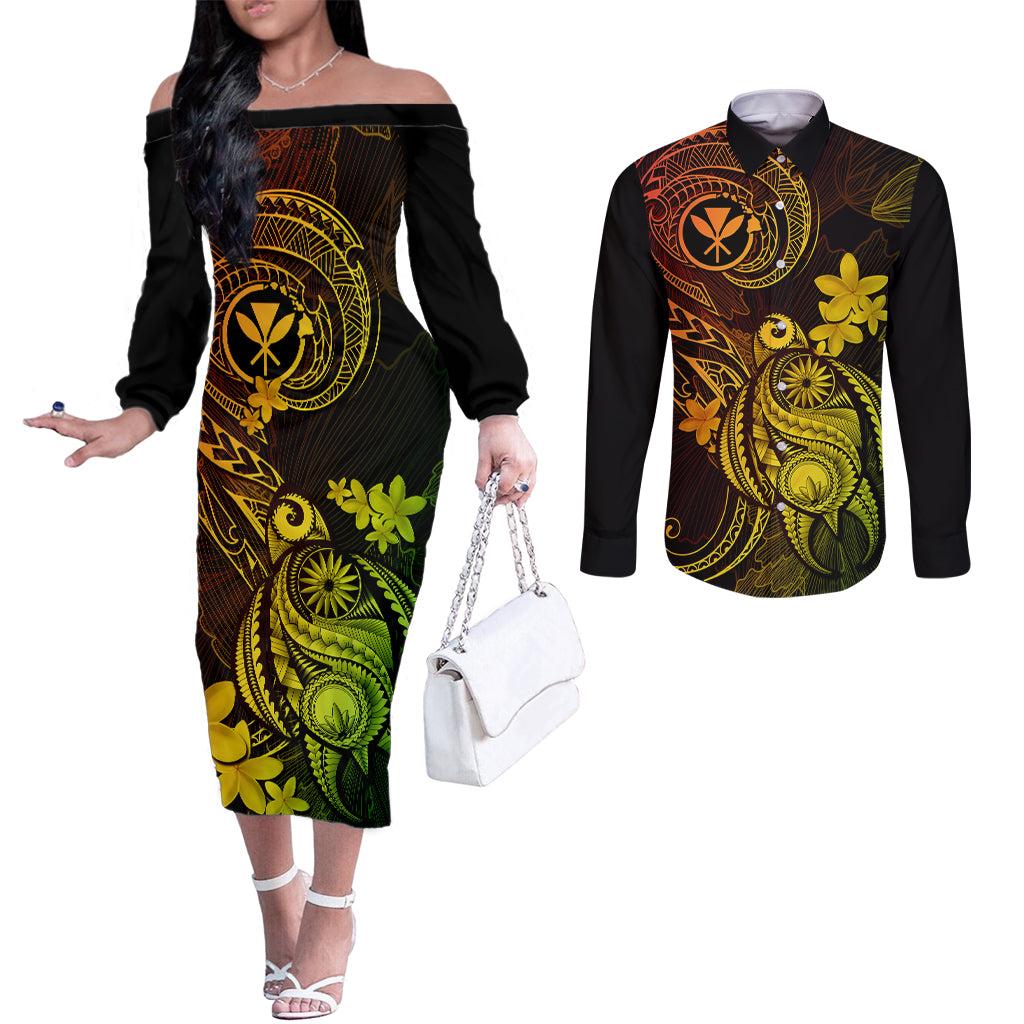 Hawaii Couples Matching Off The Shoulder Long Sleeve Dress and Long Sleeve Button Shirts Turtle Mix Polynesian Plumeria Reggae Version LT14 Reggae - Polynesian Pride