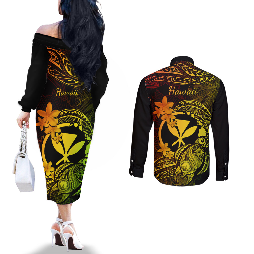 Hawaii Couples Matching Off The Shoulder Long Sleeve Dress and Long Sleeve Button Shirts Turtle Mix Polynesian Plumeria Reggae Version LT14 - Polynesian Pride