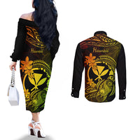 Hawaii Couples Matching Off The Shoulder Long Sleeve Dress and Long Sleeve Button Shirts Turtle Mix Polynesian Plumeria Reggae Version LT14 - Polynesian Pride
