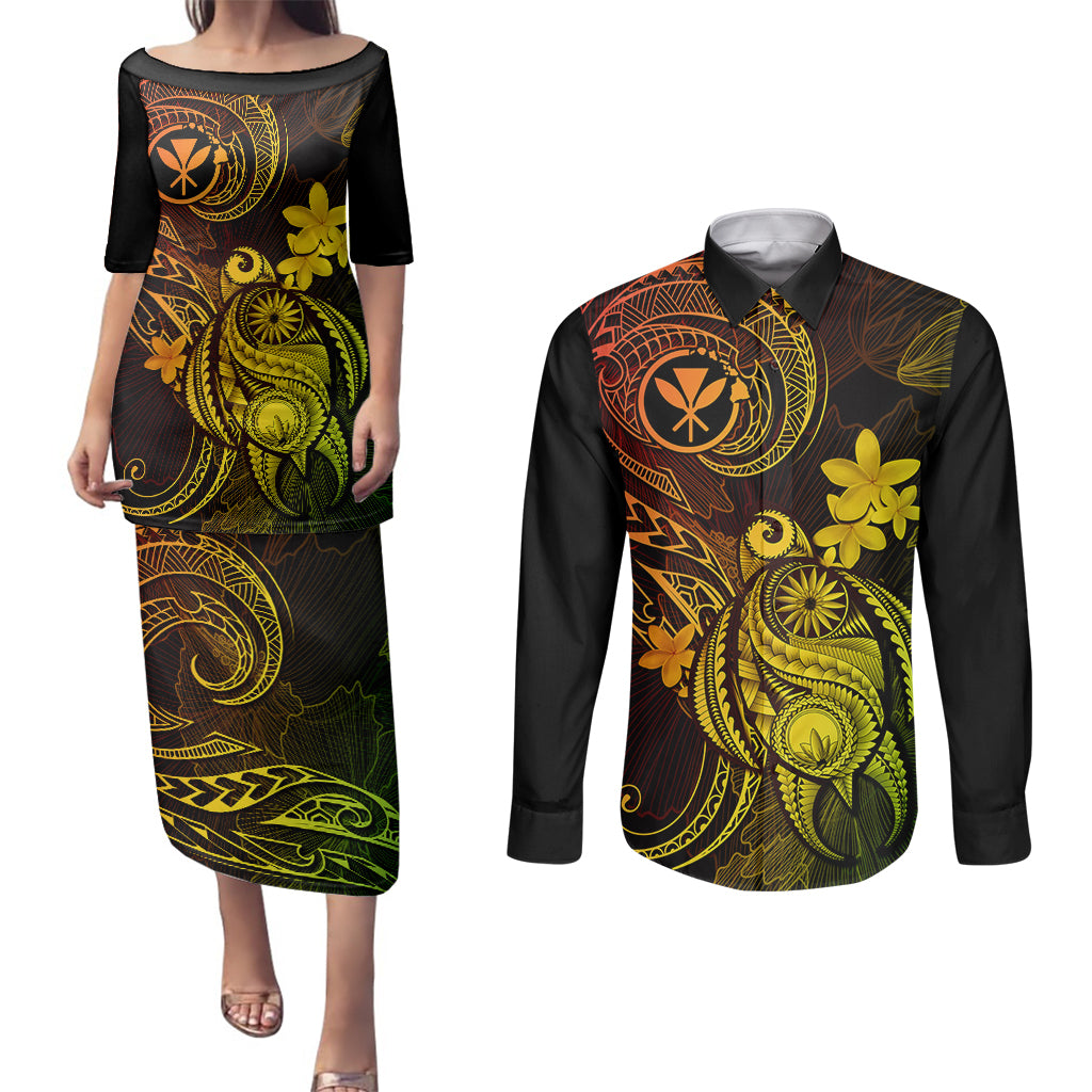 hawaii-couples-matching-puletasi-dress-and-long-sleeve-button-shirts-turtle-mix-polynesian-plumeria-reggae-version