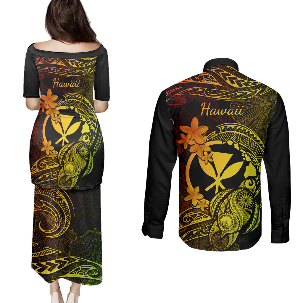 Hawaii Couples Matching Puletasi Dress and Long Sleeve Button Shirts Turtle Mix Polynesian Plumeria Reggae Version LT14 - Polynesian Pride