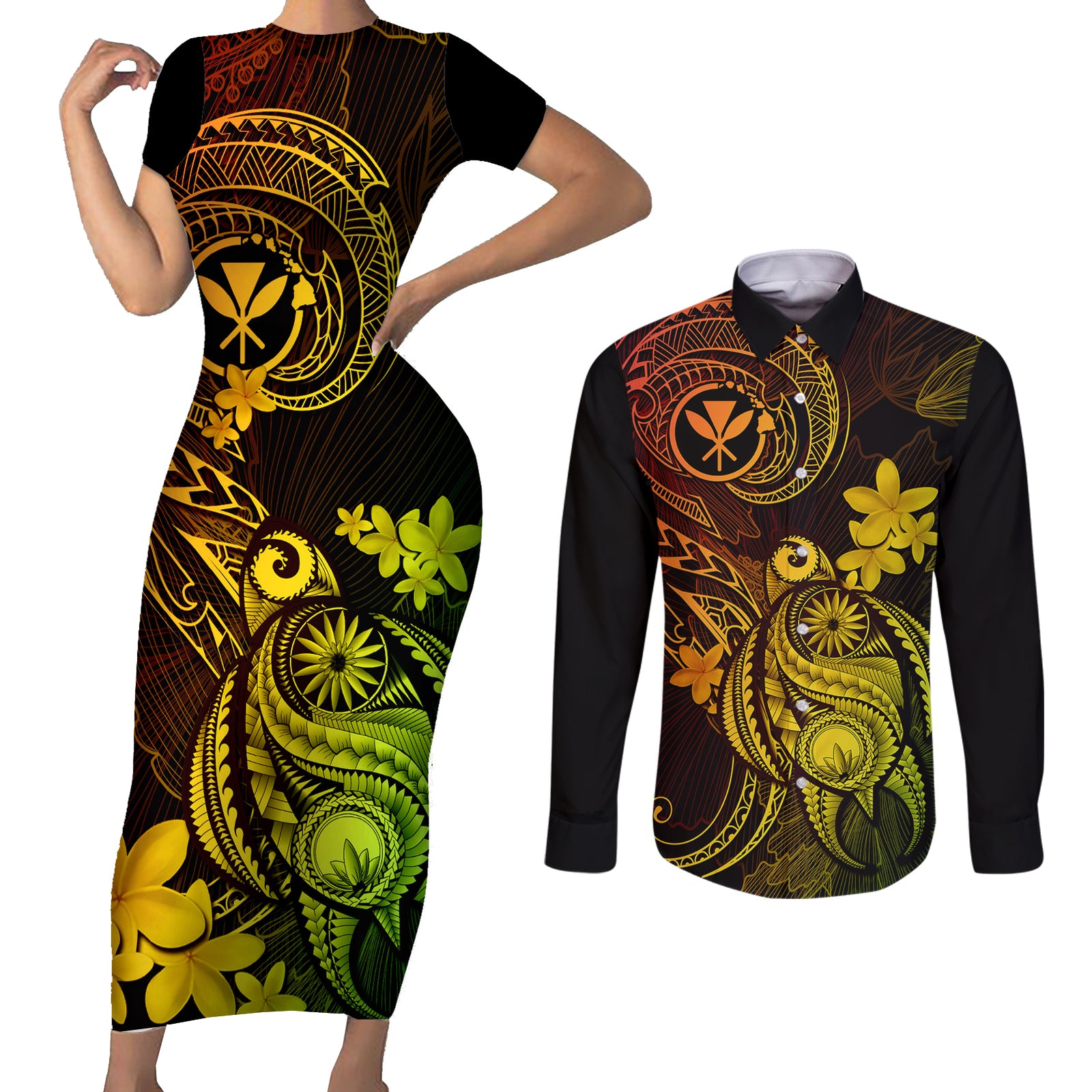 Hawaii Couples Matching Short Sleeve Bodycon Dress and Long Sleeve Button Shirts Turtle Mix Polynesian Plumeria Reggae Version LT14 Reggae - Polynesian Pride