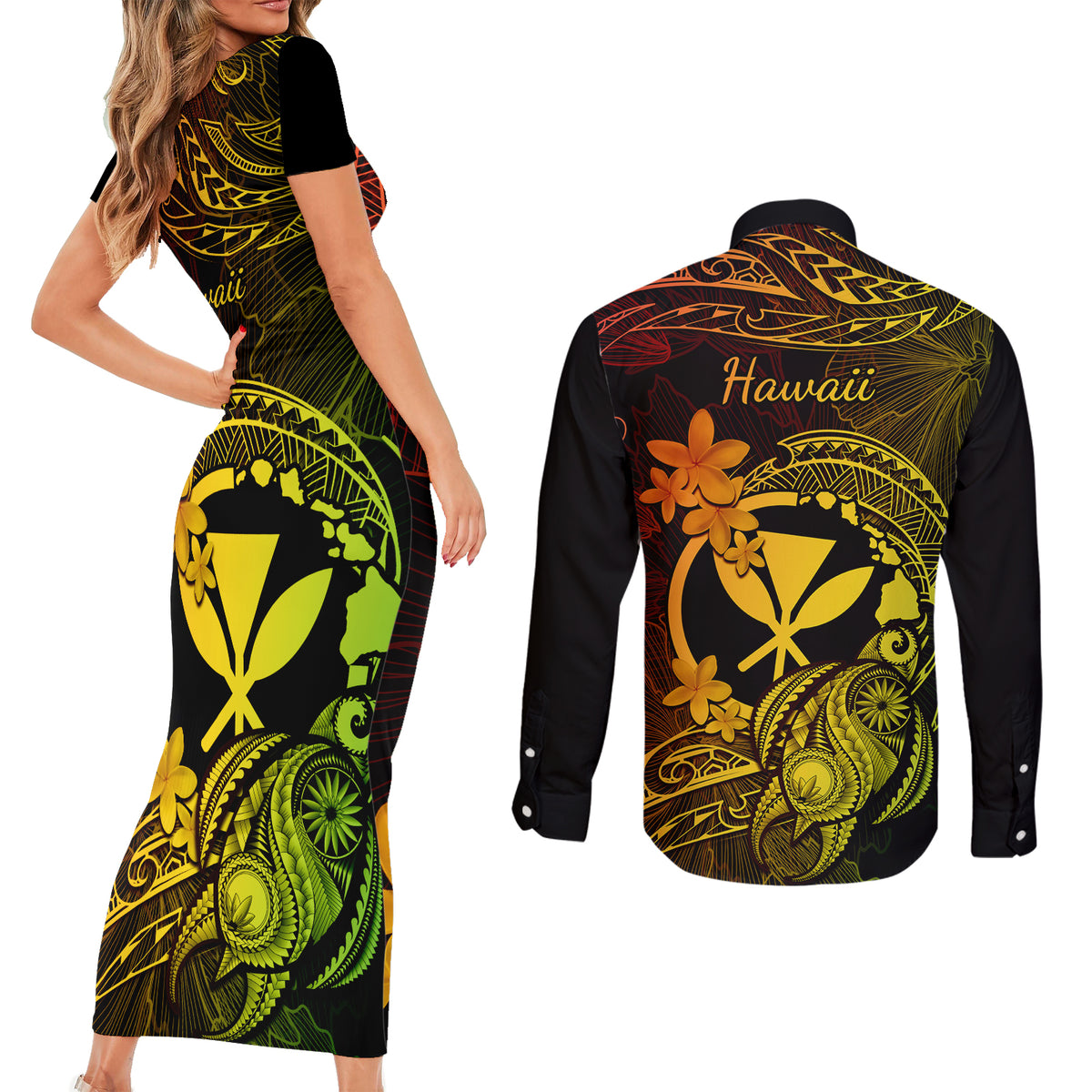 Hawaii Couples Matching Short Sleeve Bodycon Dress and Long Sleeve Button Shirts Turtle Mix Polynesian Plumeria Reggae Version LT14 - Polynesian Pride