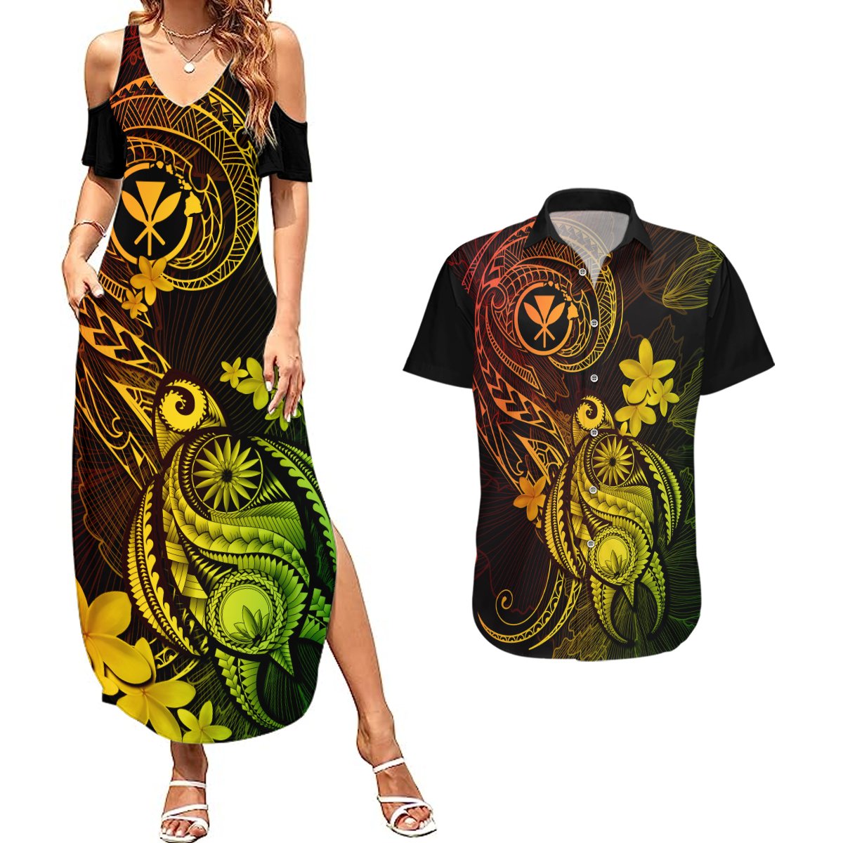 Hawaii Couples Matching Summer Maxi Dress and Hawaiian Shirt Turtle Mix Polynesian Plumeria Reggae Version LT14 Reggae - Polynesian Pride