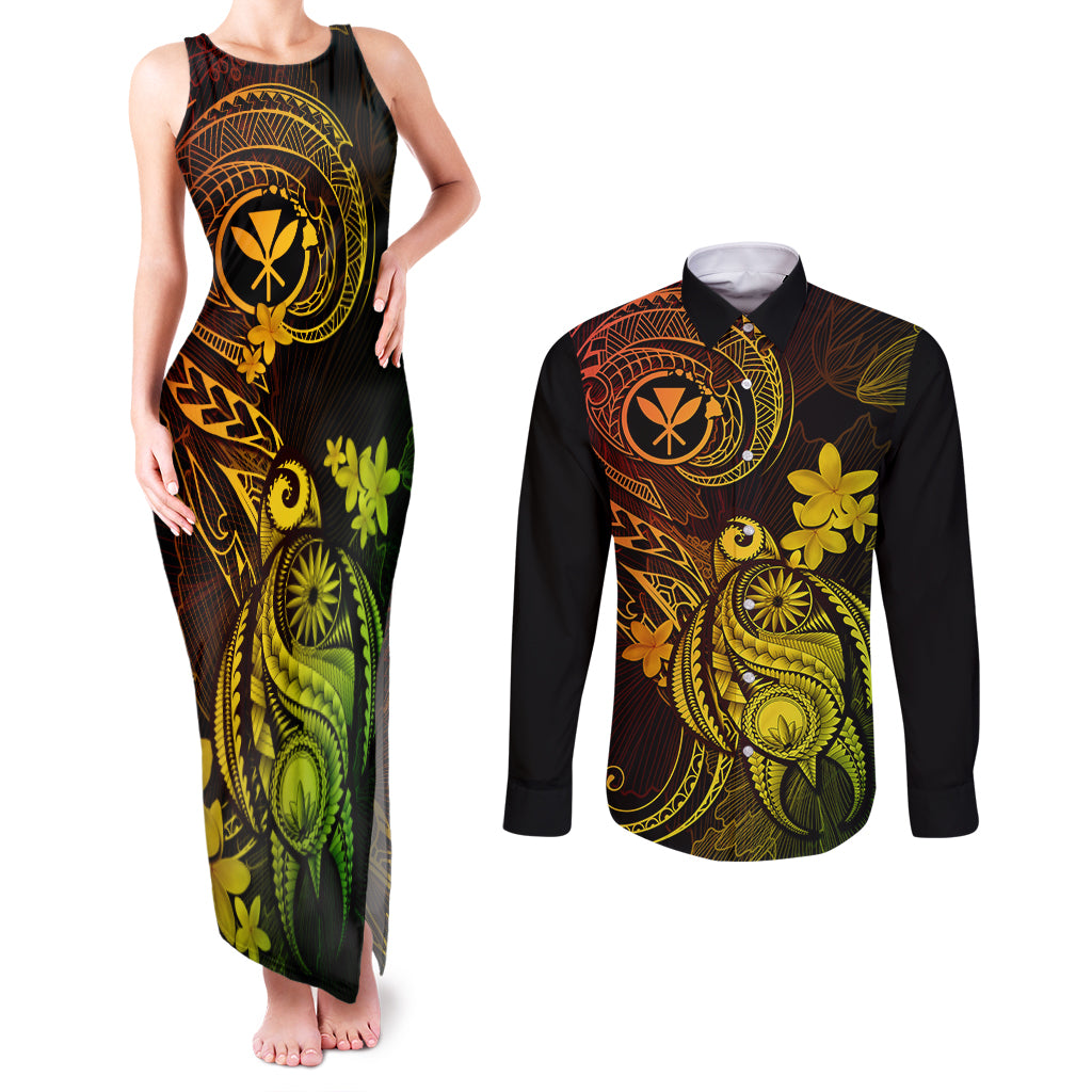 Hawaii Couples Matching Tank Maxi Dress and Long Sleeve Button Shirts Turtle Mix Polynesian Plumeria Reggae Version LT14 Reggae - Polynesian Pride