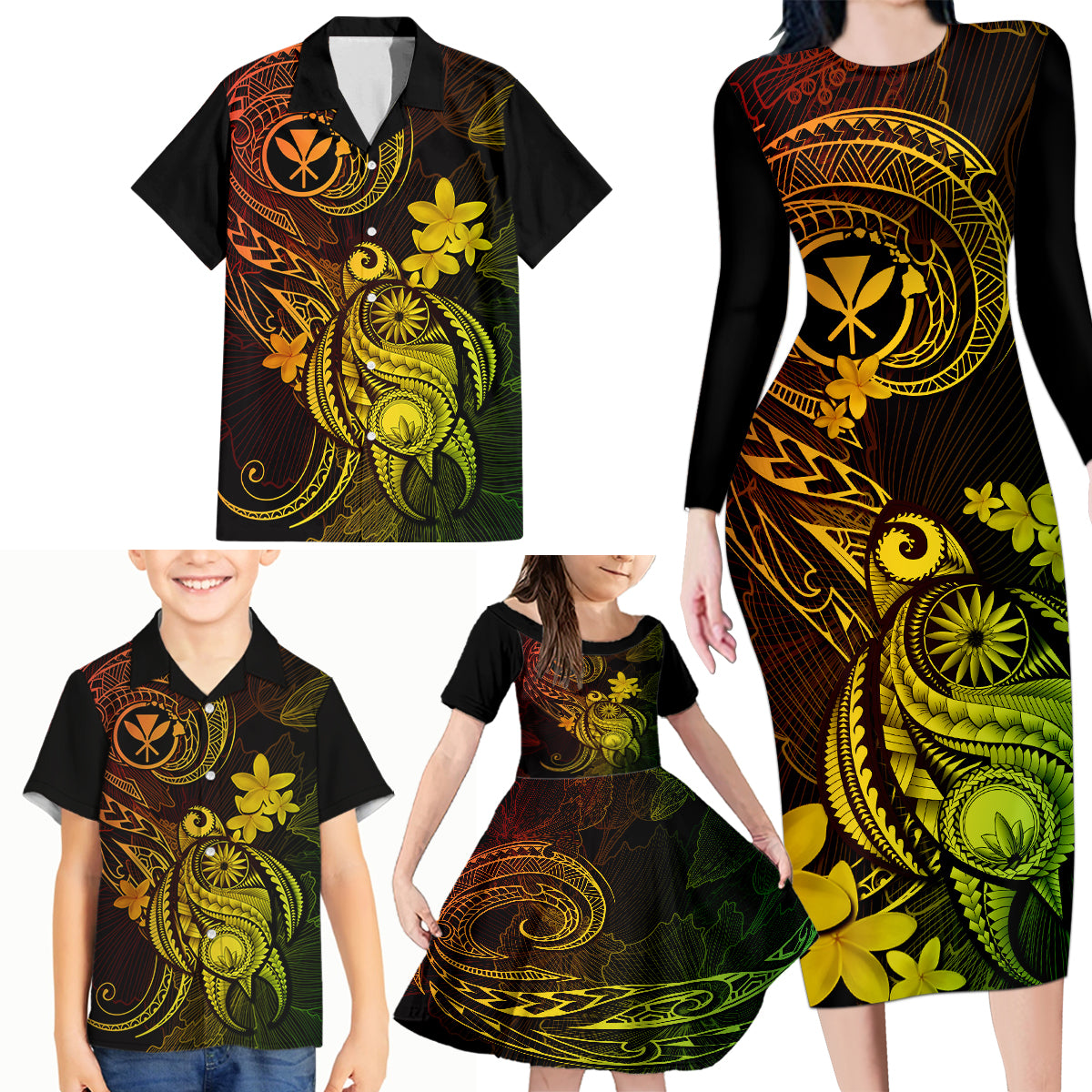 hawaii-family-matching-long-sleeve-bodycon-dress-and-hawaiian-shirt-turtle-mix-polynesian-plumeria-reggae-version