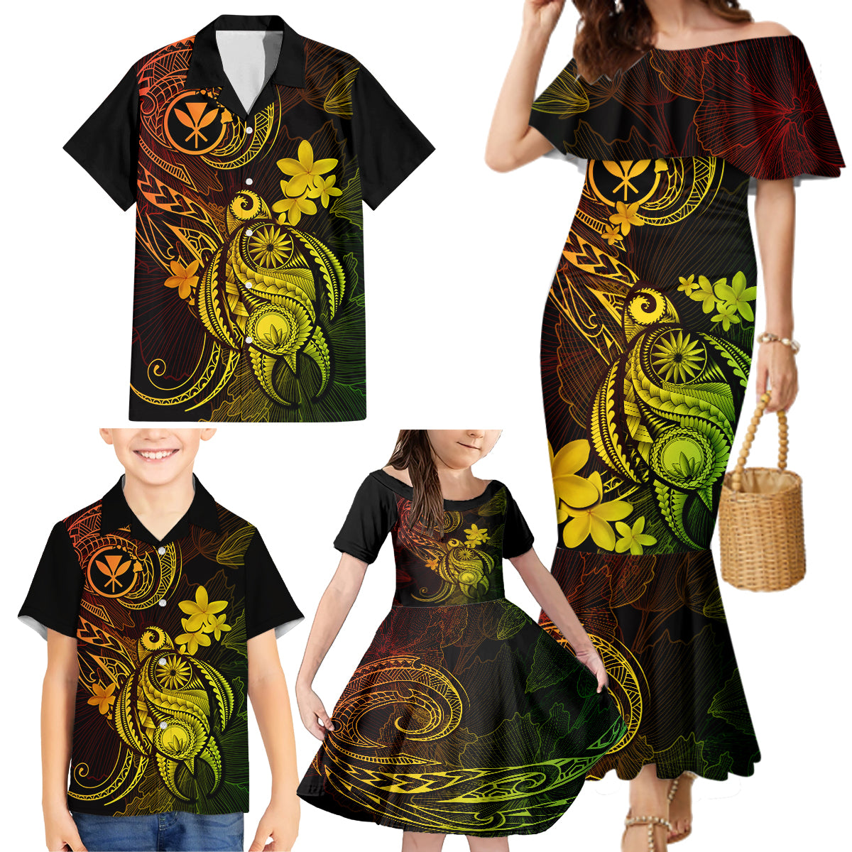 hawaii-family-matching-mermaid-dress-and-hawaiian-shirt-turtle-mix-polynesian-plumeria-reggae-version