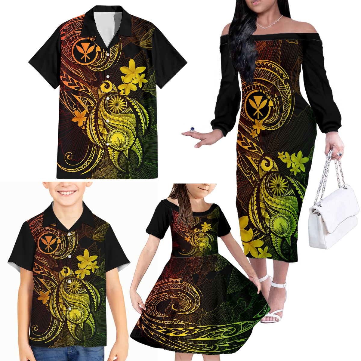 hawaii-family-matching-off-shoulder-long-sleeve-dress-and-hawaiian-shirt-turtle-mix-polynesian-plumeria-reggae-version