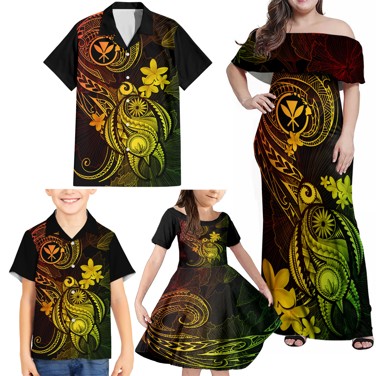 hawaii-family-matching-off-shoulder-maxi-dress-and-hawaiian-shirt-turtle-mix-polynesian-plumeria-reggae-version