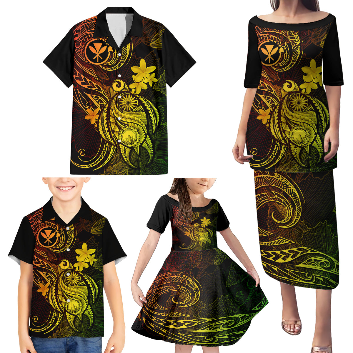 Hawaii Family Matching Puletasi Dress and Hawaiian Shirt Turtle Mix Polynesian Plumeria Reggae Version LT14 - Polynesian Pride