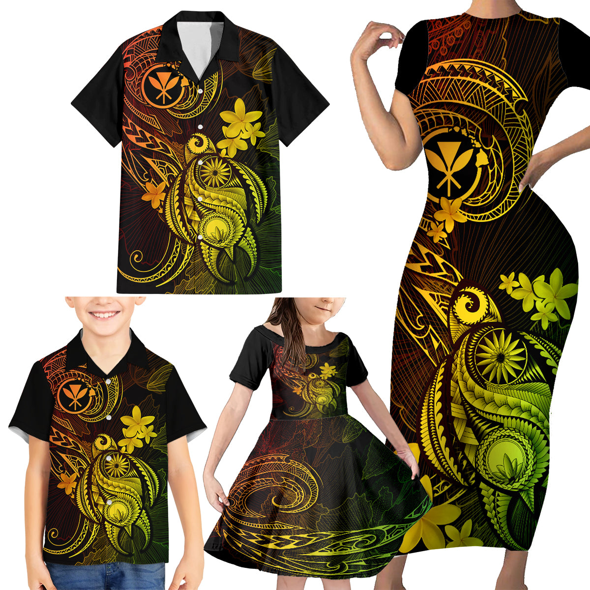 hawaii-family-matching-short-sleeve-bodycon-dress-and-hawaiian-shirt-turtle-mix-polynesian-plumeria-reggae-version