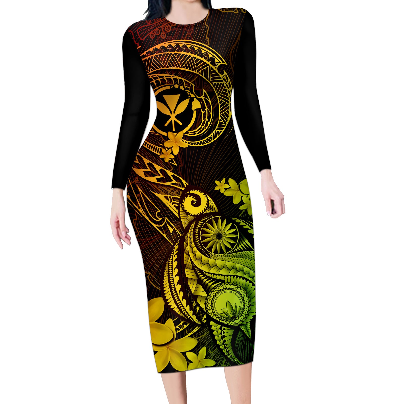 hawaii-long-sleeve-bodycon-dress-turtle-mix-polynesian-plumeria-reggae-version