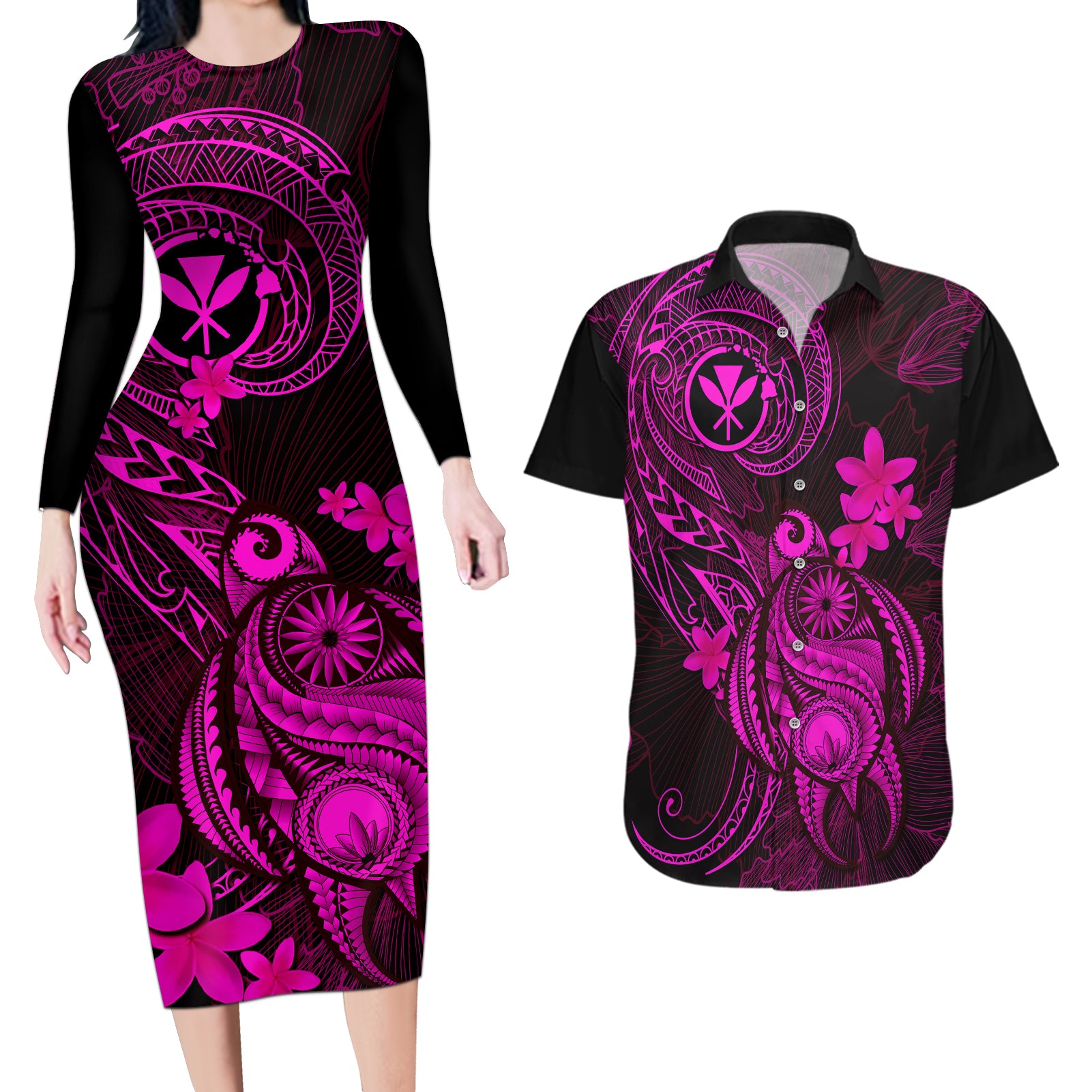 hawaii-couples-matching-long-sleeve-bodycon-dress-and-hawaiian-shirt-turtle-mix-polynesian-plumeria-pink-version