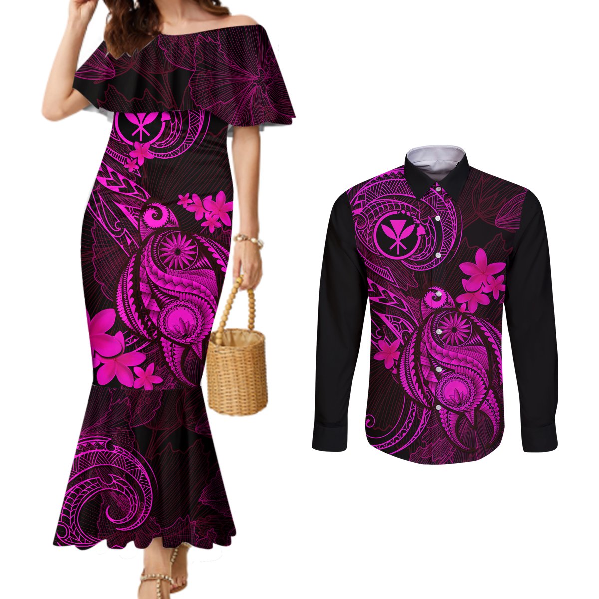 Hawaii Couples Matching Mermaid Dress and Long Sleeve Button Shirts Turtle Mix Polynesian Plumeria Pink Version LT14 Pink - Polynesian Pride