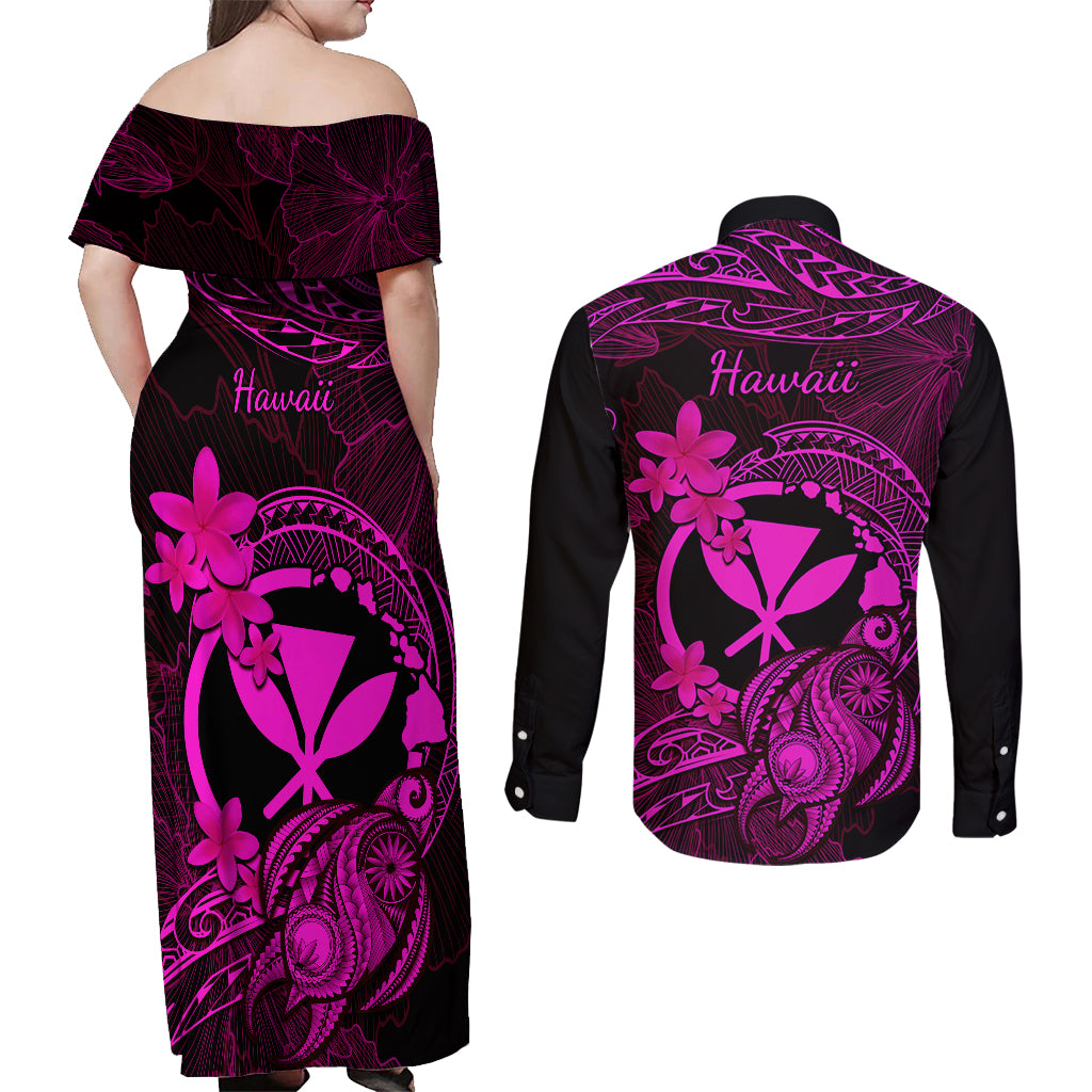 Hawaii Couples Matching Off Shoulder Maxi Dress and Long Sleeve Button Shirts Turtle Mix Polynesian Plumeria Pink Version LT14 - Polynesian Pride