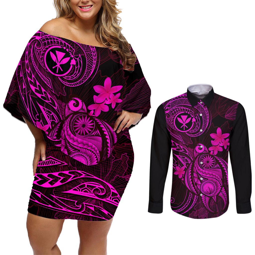 Hawaii Couples Matching Off Shoulder Short Dress and Long Sleeve Button Shirts Turtle Mix Polynesian Plumeria Pink Version LT14 Pink - Polynesian Pride