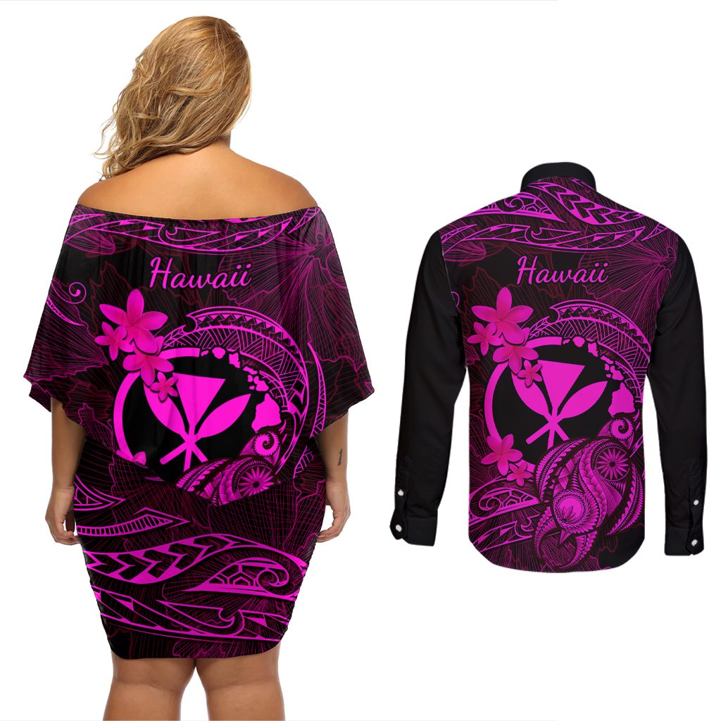 Hawaii Couples Matching Off Shoulder Short Dress and Long Sleeve Button Shirts Turtle Mix Polynesian Plumeria Pink Version LT14 - Polynesian Pride