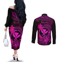Hawaii Couples Matching Off The Shoulder Long Sleeve Dress and Long Sleeve Button Shirts Turtle Mix Polynesian Plumeria Pink Version LT14 - Polynesian Pride