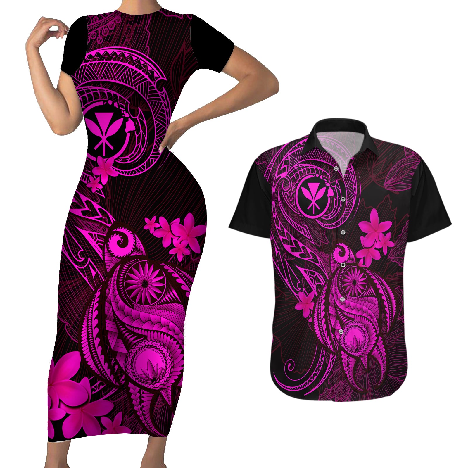 hawaii-couples-matching-short-sleeve-bodycon-dress-and-hawaiian-shirt-turtle-mix-polynesian-plumeria-pink-version