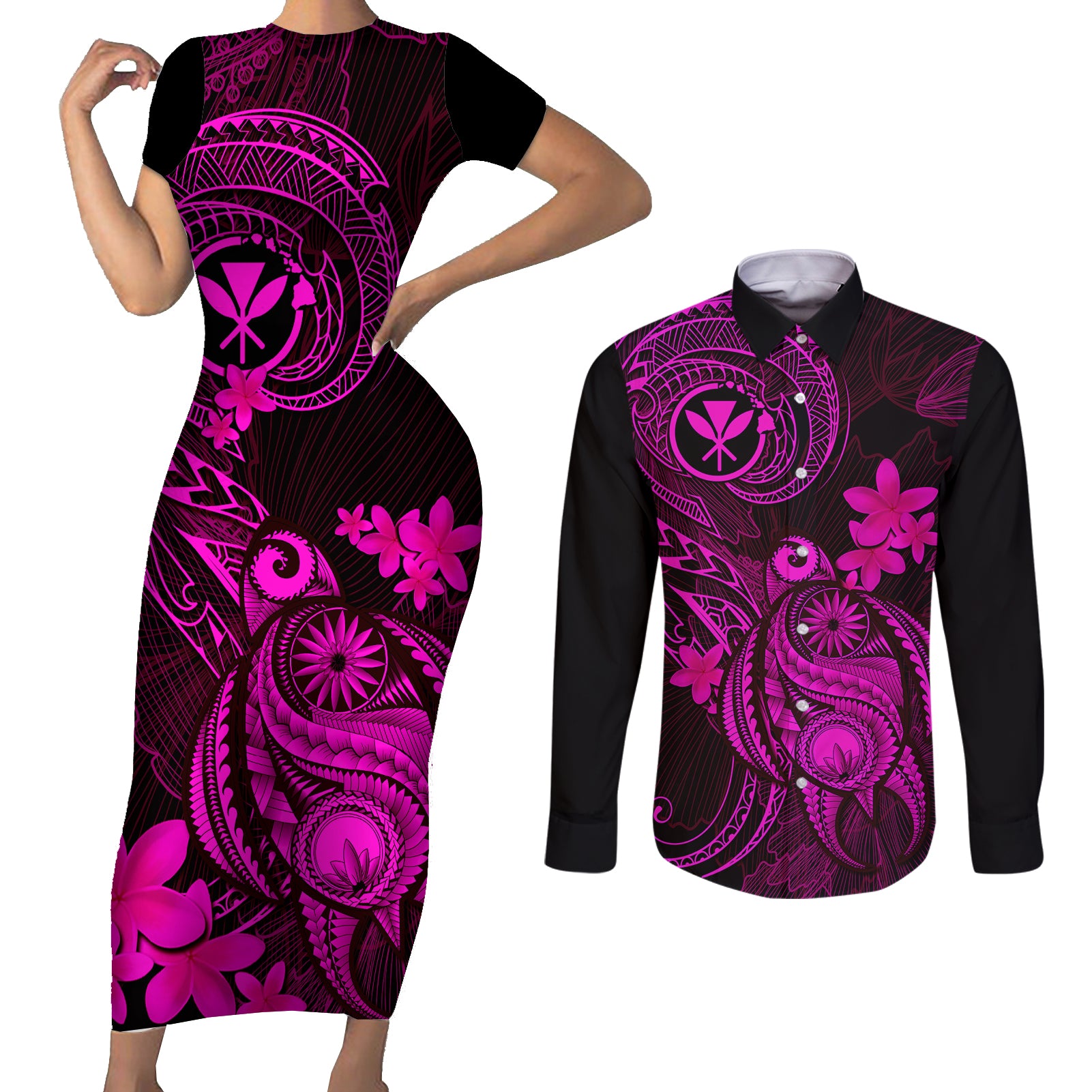 hawaii-couples-matching-short-sleeve-bodycon-dress-and-long-sleeve-button-shirts-turtle-mix-polynesian-plumeria-pink-version