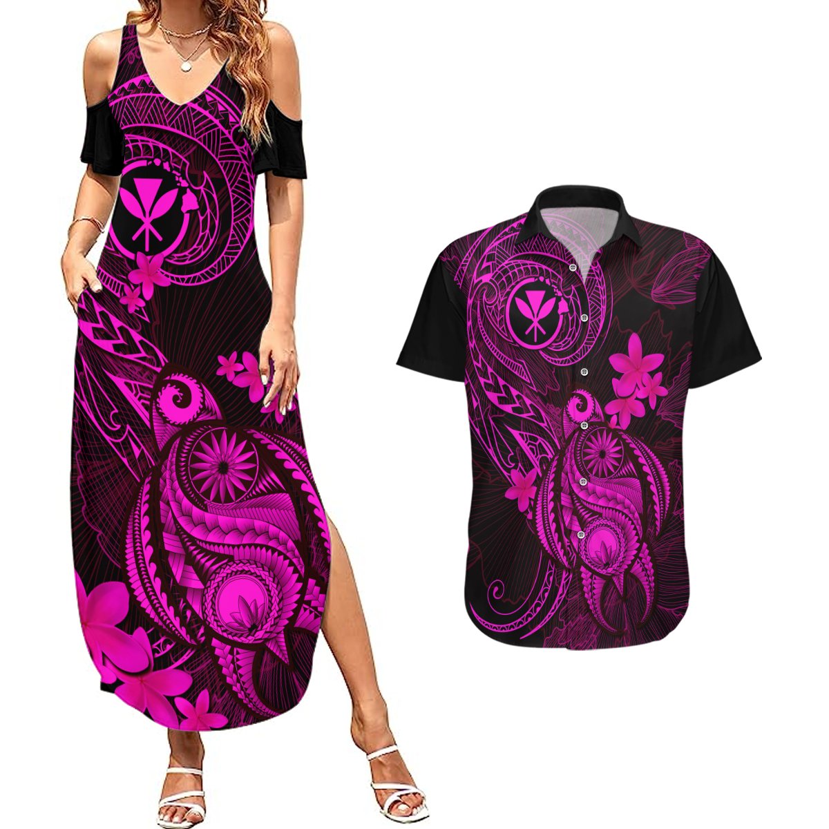 Hawaii Couples Matching Summer Maxi Dress and Hawaiian Shirt Turtle Mix Polynesian Plumeria Pink Version LT14 Pink - Polynesian Pride