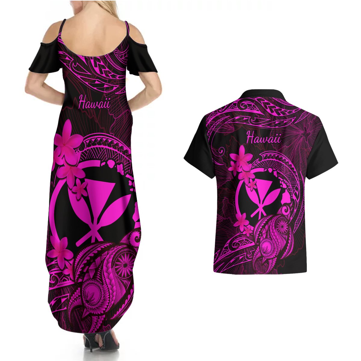 Hawaii Couples Matching Summer Maxi Dress and Hawaiian Shirt Turtle Mix Polynesian Plumeria Pink Version LT14 - Polynesian Pride