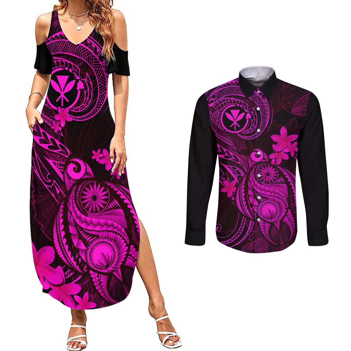 Hawaii Couples Matching Summer Maxi Dress and Long Sleeve Button Shirts Turtle Mix Polynesian Plumeria Pink Version LT14 Pink - Polynesian Pride