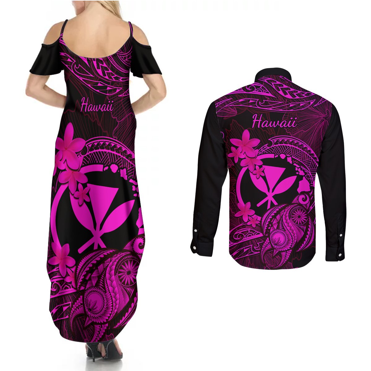 Hawaii Couples Matching Summer Maxi Dress and Long Sleeve Button Shirts Turtle Mix Polynesian Plumeria Pink Version LT14 - Polynesian Pride