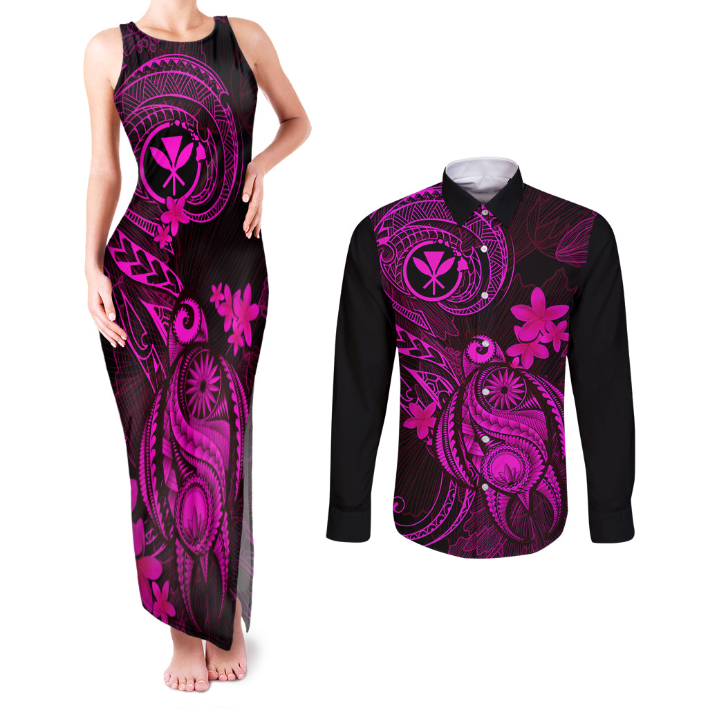 Hawaii Couples Matching Tank Maxi Dress and Long Sleeve Button Shirts Turtle Mix Polynesian Plumeria Pink Version LT14 Pink - Polynesian Pride