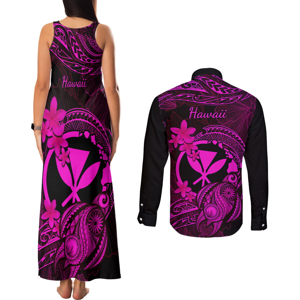 Hawaii Couples Matching Tank Maxi Dress and Long Sleeve Button Shirts Turtle Mix Polynesian Plumeria Pink Version LT14 - Polynesian Pride
