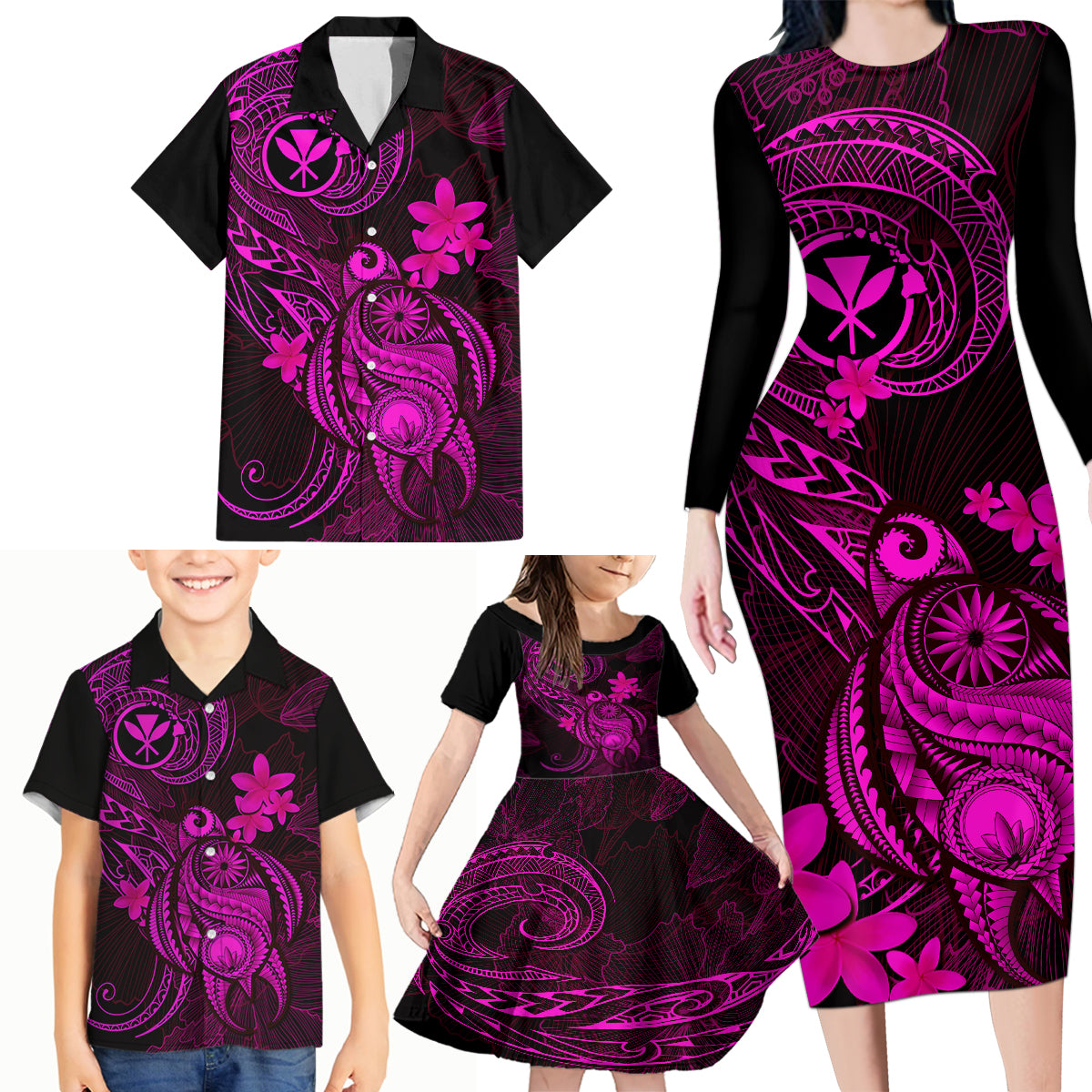 hawaii-family-matching-long-sleeve-bodycon-dress-and-hawaiian-shirt-turtle-mix-polynesian-plumeria-pink-version