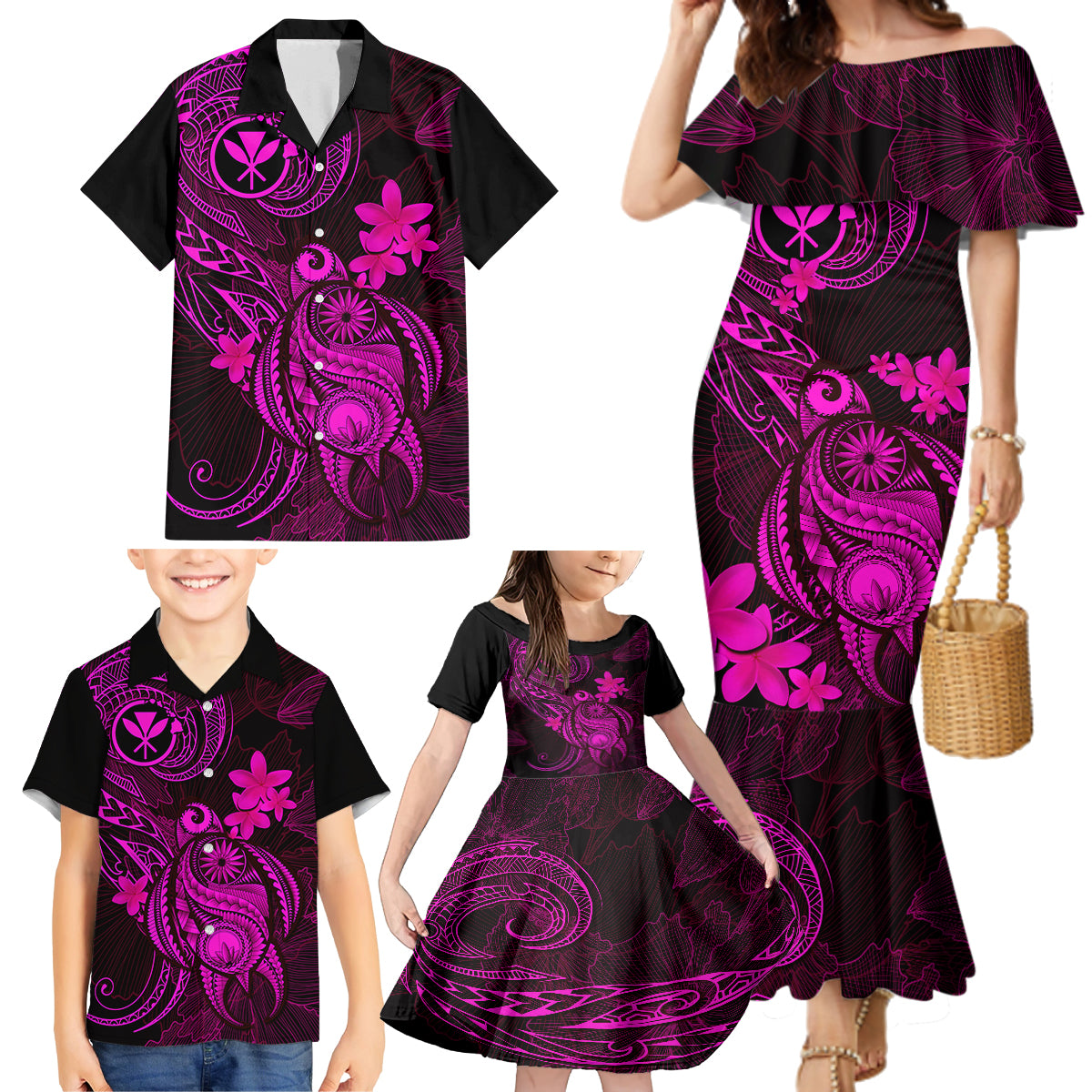 hawaii-family-matching-mermaid-dress-and-hawaiian-shirt-turtle-mix-polynesian-plumeria-pink-version