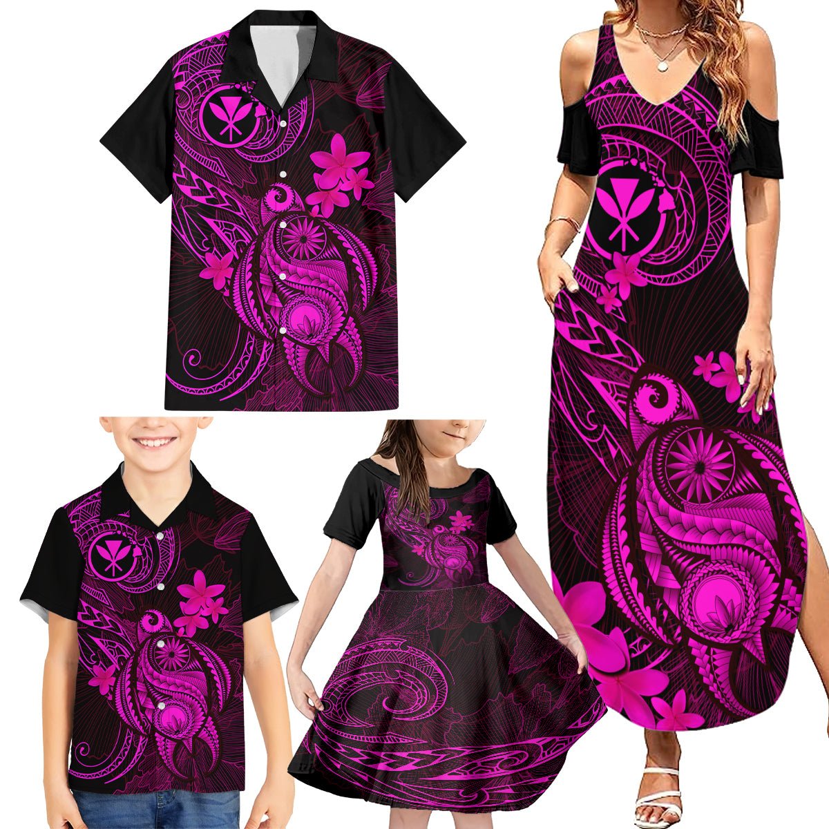 hawaii-family-matching-summer-maxi-dress-and-hawaiian-shirt-turtle-mix-polynesian-plumeria-pink-version