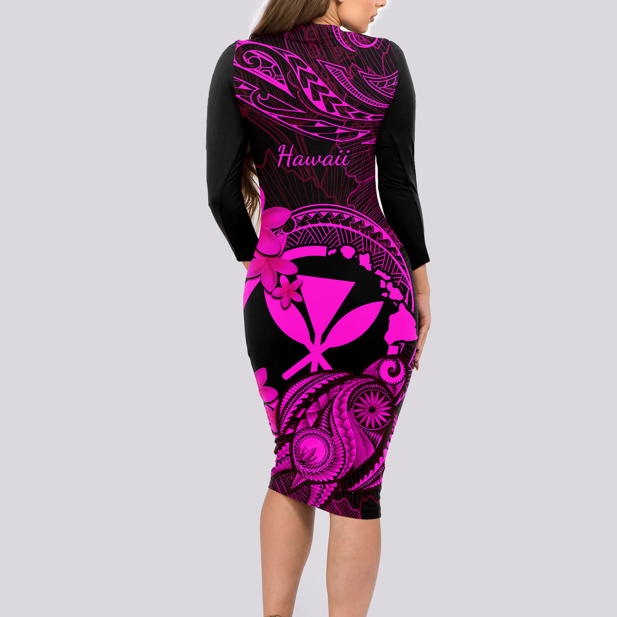 hawaii-long-sleeve-bodycon-dress-turtle-mix-polynesian-plumeria-pink-version