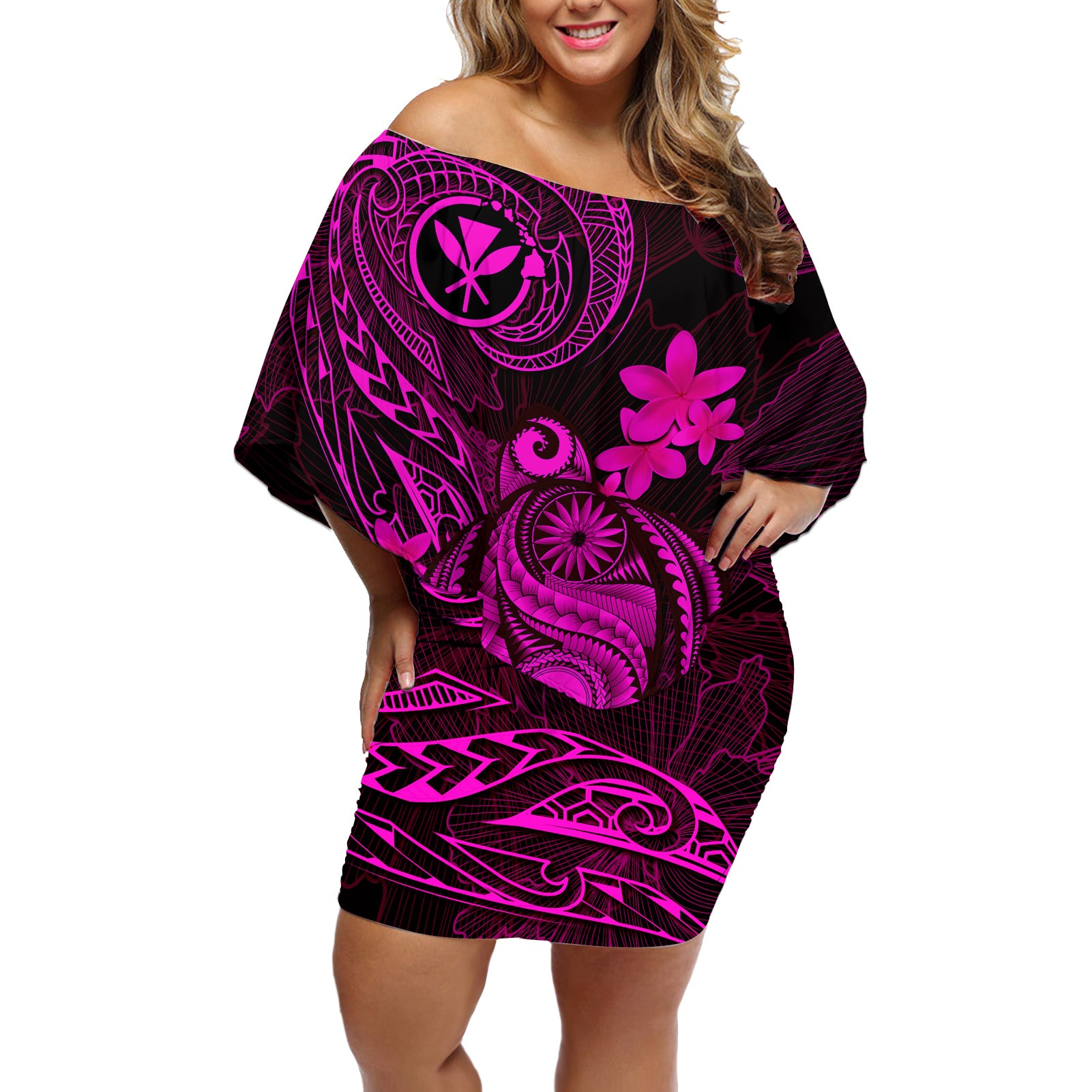 hawaii-off-shoulder-short-dress-turtle-mix-polynesian-plumeria-pink-version