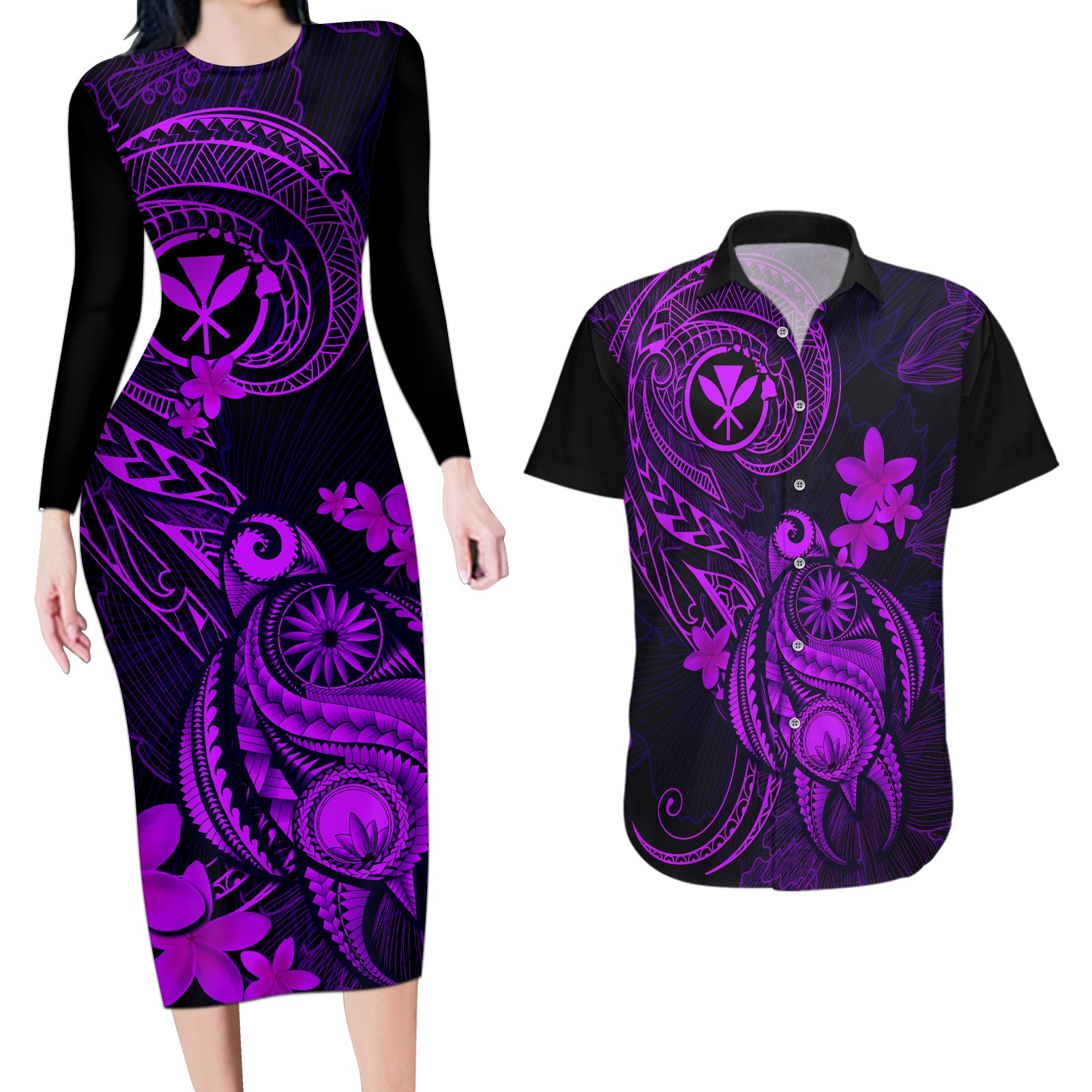 hawaii-couples-matching-long-sleeve-bodycon-dress-and-hawaiian-shirt-turtle-mix-polynesian-plumeria-purple-version