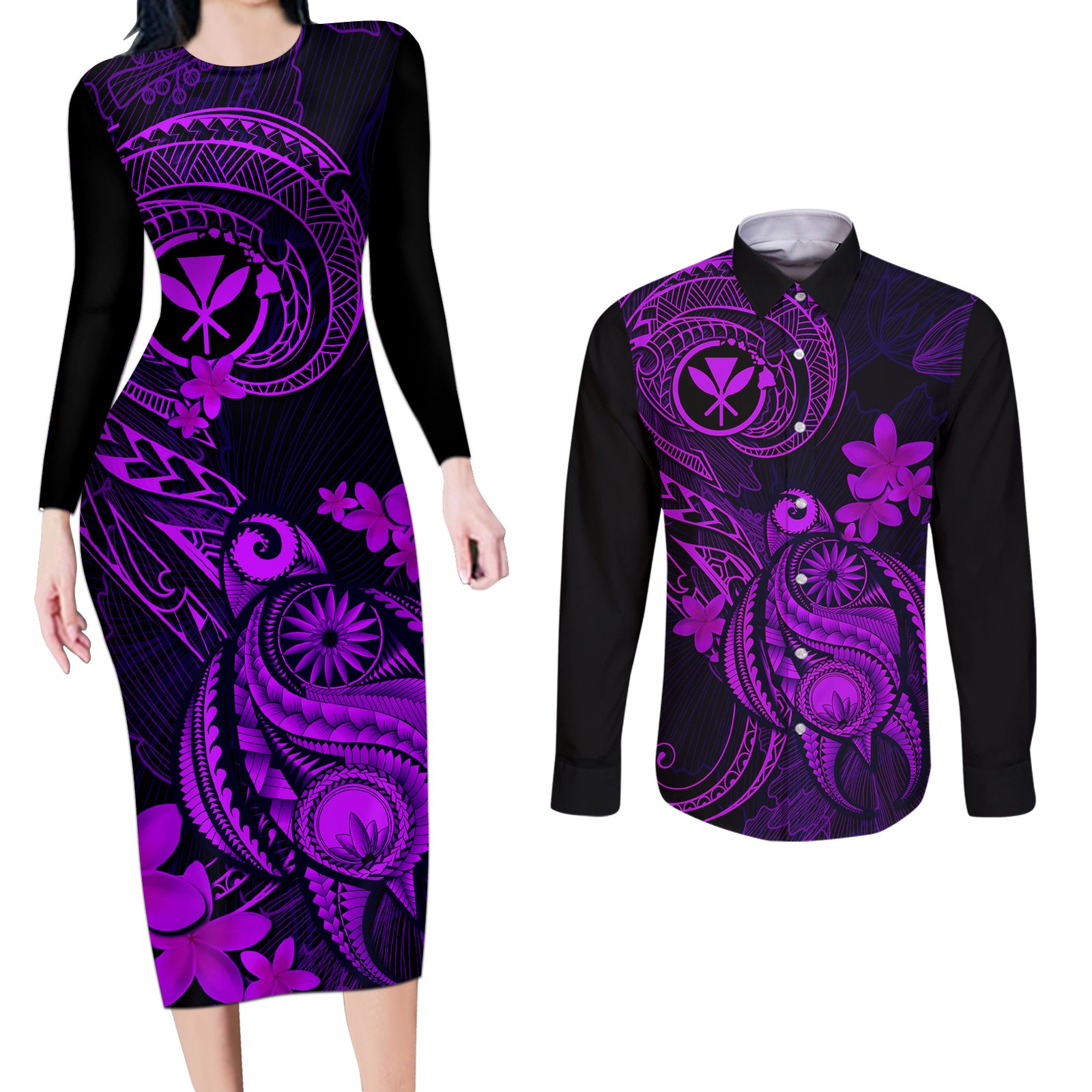 Hawaii Couples Matching Long Sleeve Bodycon Dress and Long Sleeve Button Shirts Turtle Mix Polynesian Plumeria Purple Version LT14 Purple - Polynesian Pride