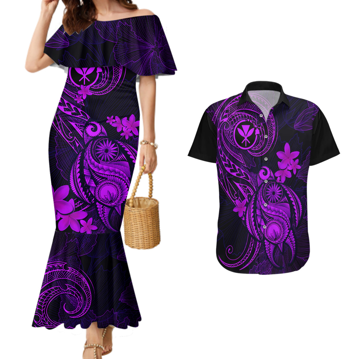 hawaii-couples-matching-mermaid-dress-and-hawaiian-shirt-turtle-mix-polynesian-plumeria-purple-version