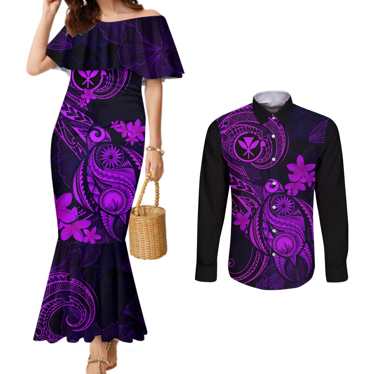 Hawaii Couples Matching Mermaid Dress and Long Sleeve Button Shirts Turtle Mix Polynesian Plumeria Purple Version LT14 Purple - Polynesian Pride