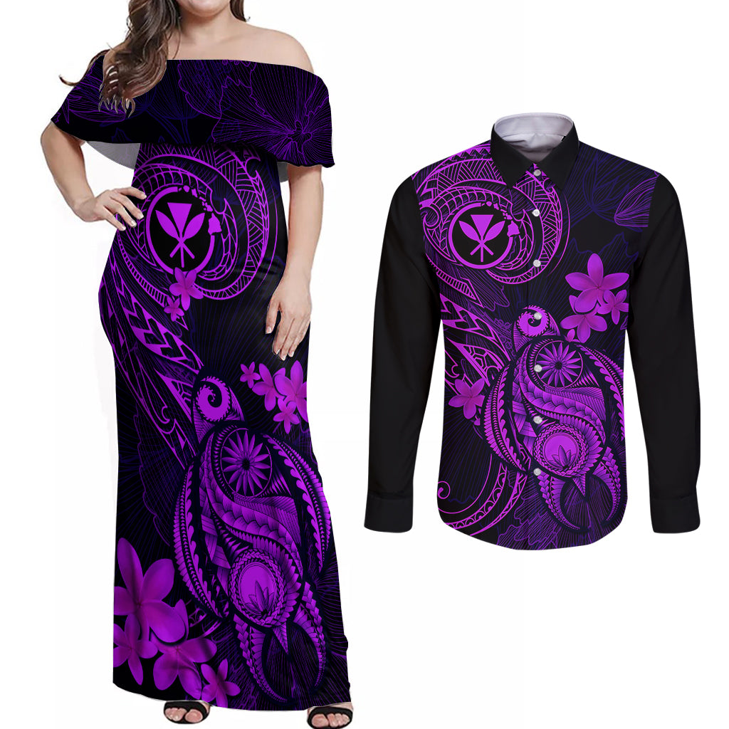 Hawaii Couples Matching Off Shoulder Maxi Dress and Long Sleeve Button Shirts Turtle Mix Polynesian Plumeria Purple Version LT14 Purple - Polynesian Pride