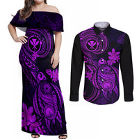 Hawaii Couples Matching Off Shoulder Maxi Dress and Long Sleeve Button Shirts Turtle Mix Polynesian Plumeria Purple Version LT14 Purple - Polynesian Pride
